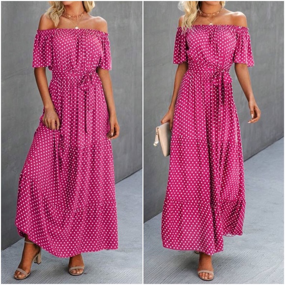 Off Shoulder Polka Dot Butterfly Sleeve Belted Maxi Dress - Picture 3 of 5